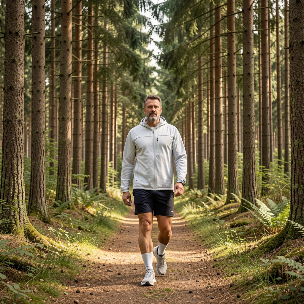 Mężczyzna w średnim wieku spacerujący po lesie wśród drzew iglastych, jasna odzież sportowa, spokojne naturalne otoczenie bez skupienia na twarzy