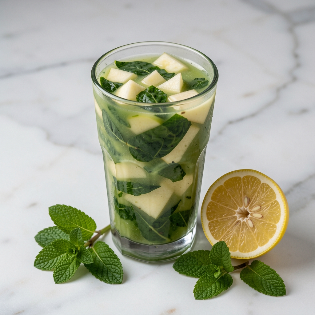 Wysoki szklany kubek z zielonym koktajlem ze szpinaku i jabłka na jasnym marmurowym blacie, obok przekrojone limonki i świeże liście mięty